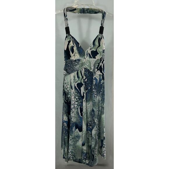 Cristinalove Abstract Blue Marble Print Halter Dress with Beaded Strap – Size L - Picture 1 of 8